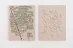 Morgan Watt, Primitive Understanding, 2013. Embroidery floss on linen, 18 x 24 x 3/4". Begin Being, 2013. Embroidery floss on linen, 18 x 24 x 3/4".