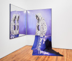 Alex Da Corte, <em>O K HOLE (BACON TEAR/DREAMWORK DRIP), 2013. Anodized metal frames, mirror, acrylic, pigment print, vaseline, digitally printed flag