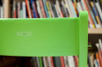 Danh Vo, <em>Sorry</em>, 2012. Green enamel on wooden chair, 18 x 36 x 18 in