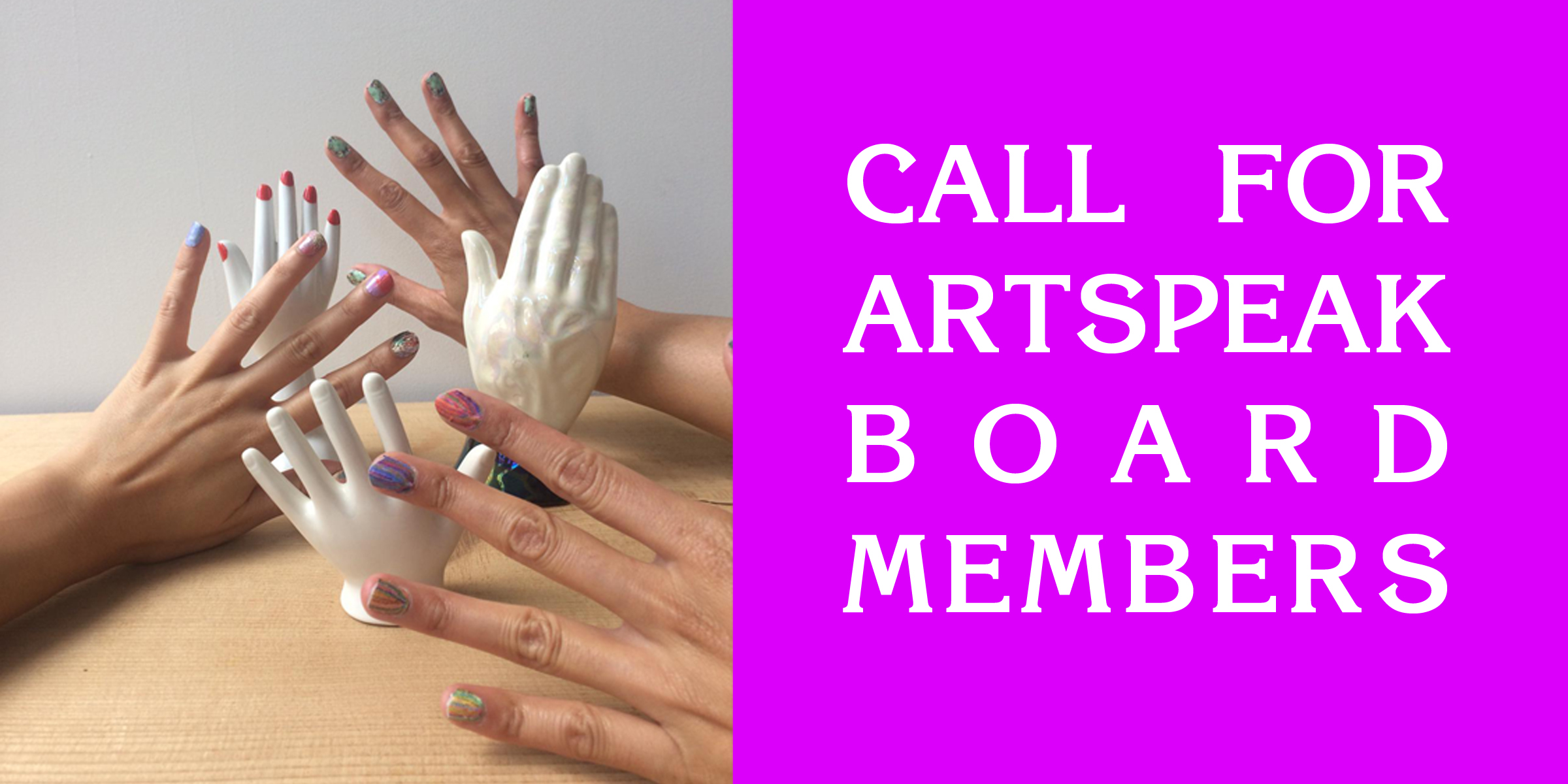 On the left, three hands and three mannequin hands are visible with colourful nail polish. On the right, white text on hot pink background reads 