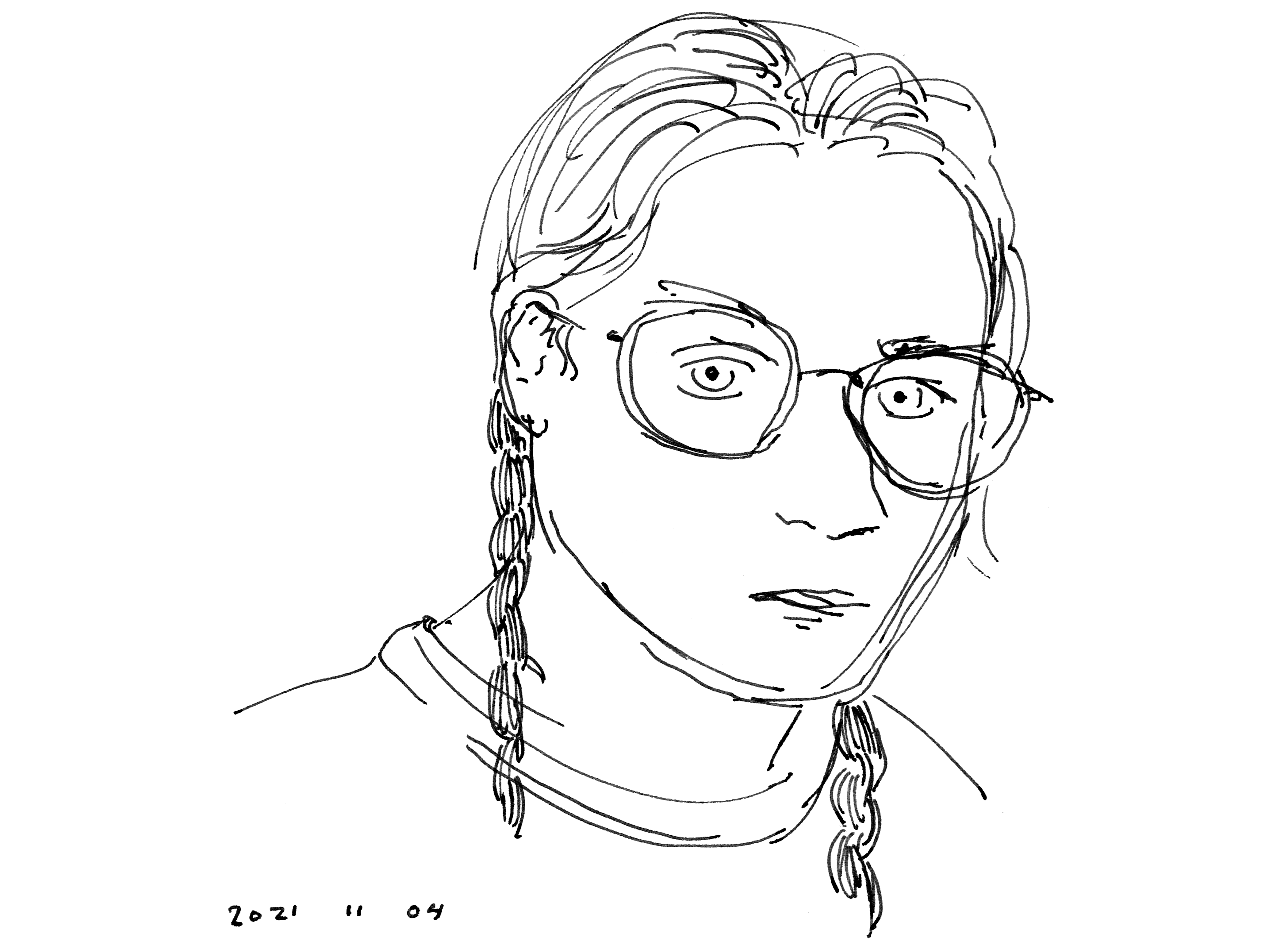 A black and white, three-quarter profile, drawn portrait of Nick Loewen, wearing braids and glasses.